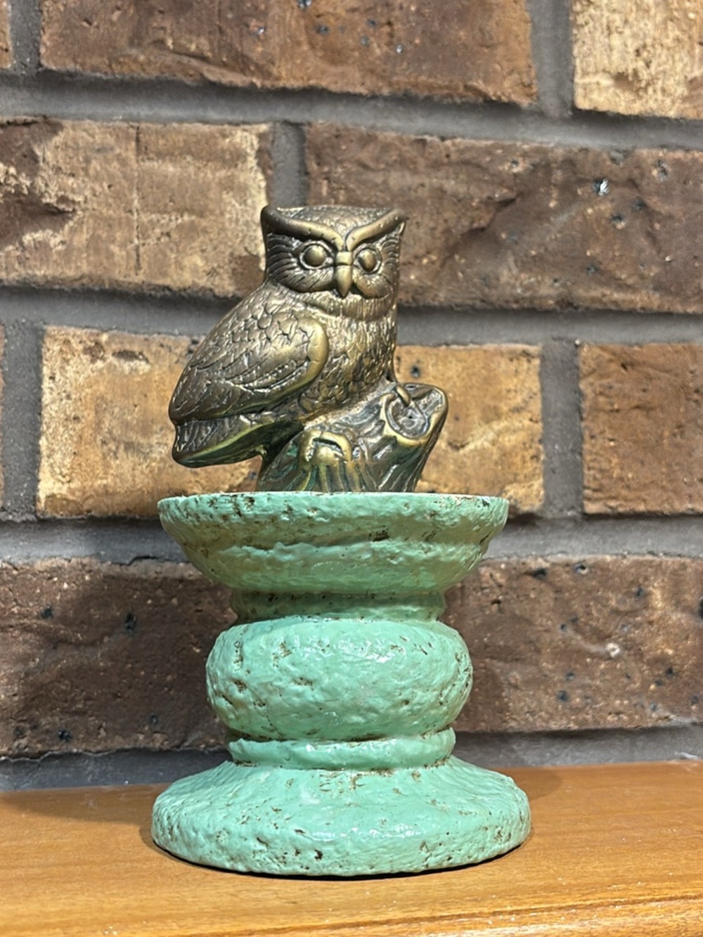 Vintage Brass Owl on a Teal Pedestal